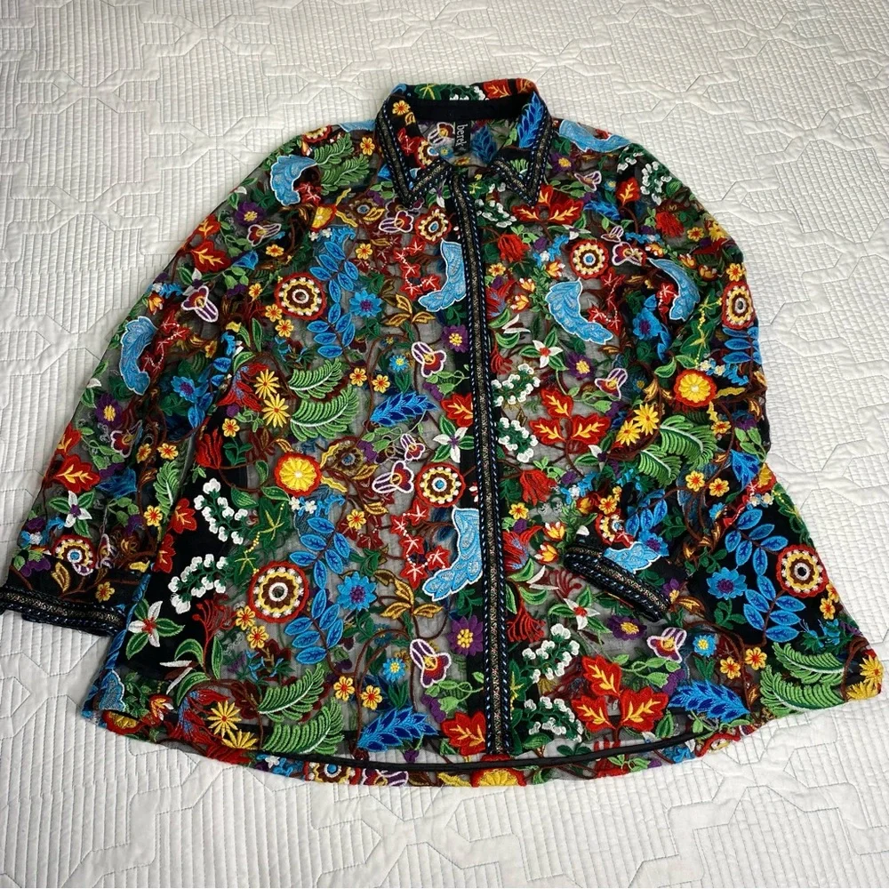 BEREK Petite L Floral Embroidered Black Mesh Button Down Shirt Blouse *flaw - Picture 1 of 14